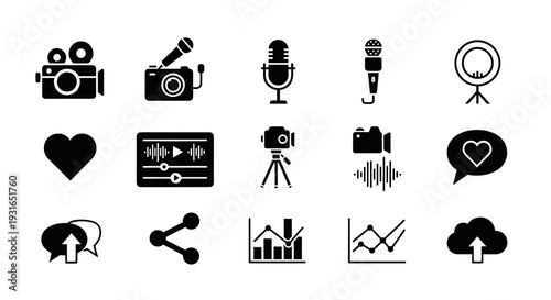 A comprehensive set of black silhouette icons representing various aspects of video production, audio recording, social media engagement, and data analytics.