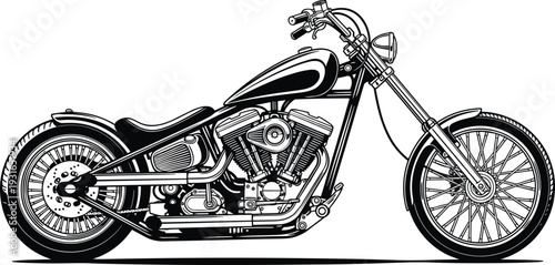 Custom Chopper Motorcycle Vector Illustration, Classic Black and White Cruiser Bike with Detailed Engine and Retro Bobber Style Design