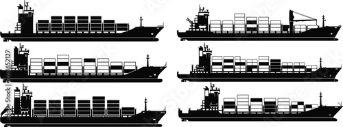 Set of container cargo ships side view silhouettes, maritime freight transport vessels with stacked shipping containers black vector illustration isolated