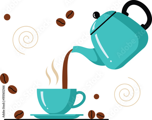 Flat Vector Illustration of Turquoise Coffee Pot Pouring Hot Drink into a Cup with Steam, Coffee Beans, and Decorative Swirls for Cafe Menus and Breakfast Designs