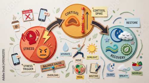 Hormone Stress Recovery Infographic, Handmade Paper Cut Craft Flat Lay, Stress Cortisol Reset Cycle Diagram For Wellness Education.