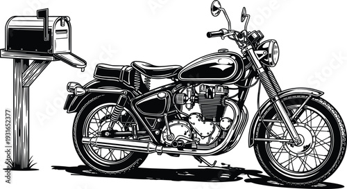 Vintage Classic Motorcycle with Mailbox Vector Illustration, Retro Motorbike Parking Near Rural Postbox in Detailed Black and White Style