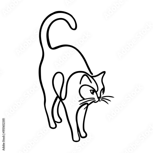 Dibujo sencillo con línea continua de un gato enojado con espalda arqueada