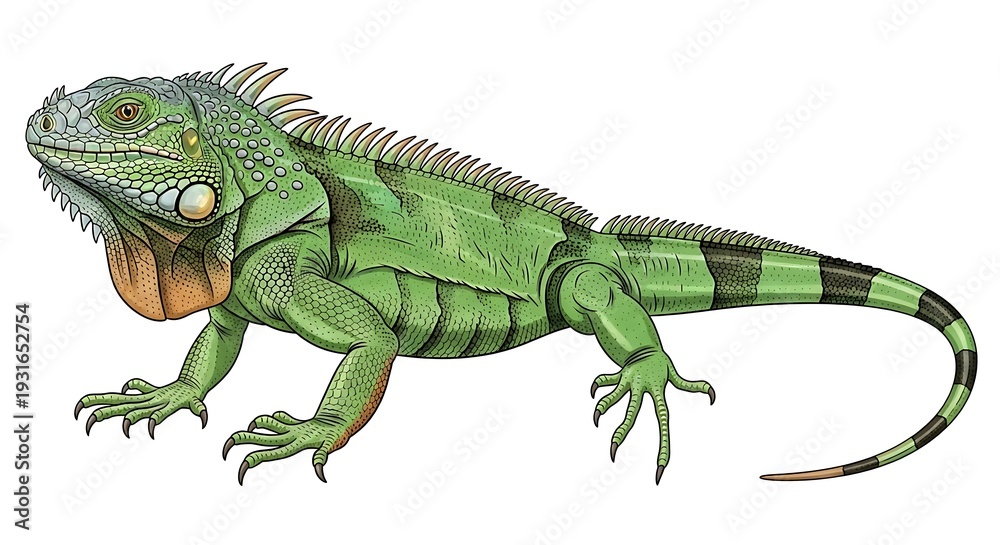 Fototapeta premium Vibrant green iguana with spiky back and sharp claws on white