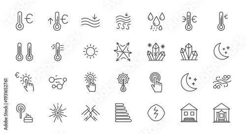 smart home and energy management line icons illustrating climate control automation and energy efficiency for modern technology interfaces.