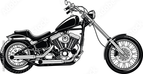Classic Custom Chopper Motorcycle Vector Illustration, Black and White Cruiser Bike with Detailed Engine and Long Front Fork