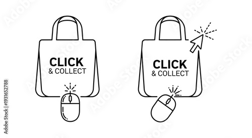 click and collect service graphic with shopping bag mouse and cursor illustrating convenient online ordering for modern retail customers