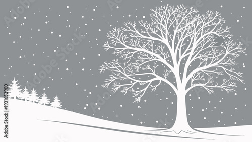 Winter landscape with a bare tree and falling snow.