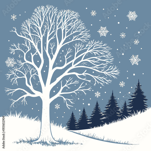 Winter landscape with a bare tree and falling snowflakes.