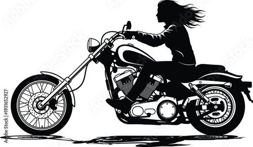 Silhouette of Woman Riding Custom Chopper Motorcycle, Black Vector Illustration of Female Biker in Motion on Classic Cruiser Bike