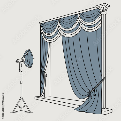 Elegant Blue Curtains with Decorative Valance and Floor Fan.