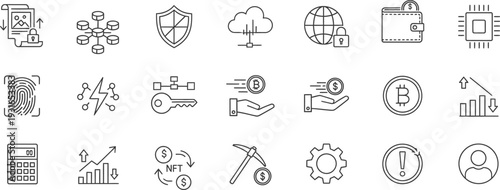 Cryptocurrency Blockchain and Fintech Digital Wallet Linear Vector Icons Set
