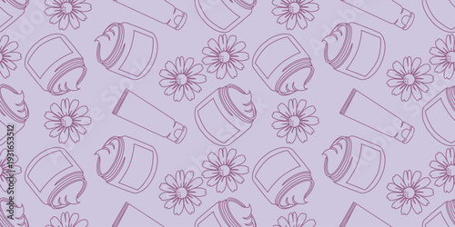 Chamomile flowers, hand cream tube and face cream jar in contour outline style on purple light background. Seamless repeating vector pattern for skincare and cosmetic packaging design