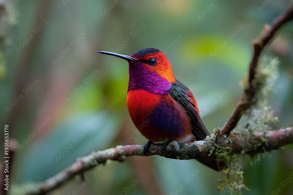 Naklejka premium Vibrant red and purple hummingbird perched on tree branch in tropical rainforest, tiny exotic bird resting in natural habitat during daylight, showcasing wildlife beauty and rainforest biodiversity