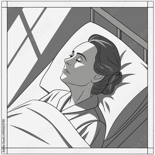 Woman resting in bed with sunlight streaming through window.