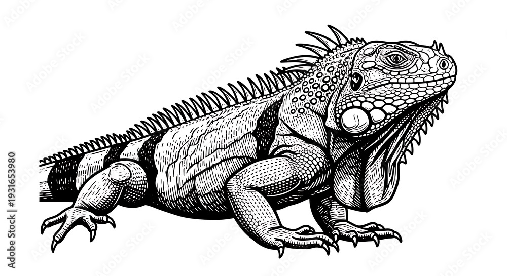 Fototapeta premium Detailed illustration of iguana in profile view with spiky back