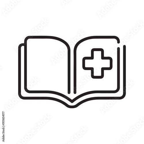 Open Medical Book with Cross Symbol Line Icon for Healthcare Education and First Aid Guides
