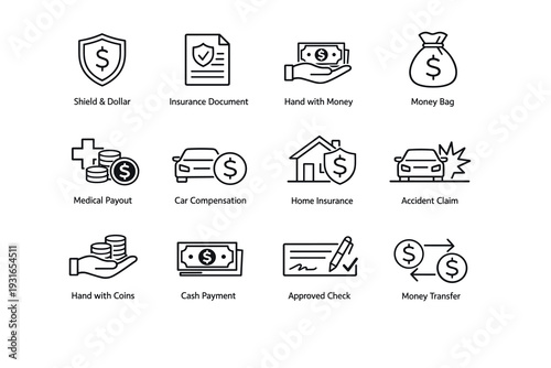 Insurance Icons Set Line Art Shield Document Money Payout Home Car Medical Accident Protection Finance Vector