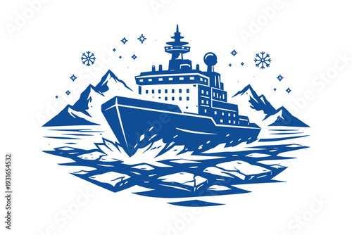 Icebreaker Ship in Arctic Waters Vintage Style Illustration Blue Monochrome