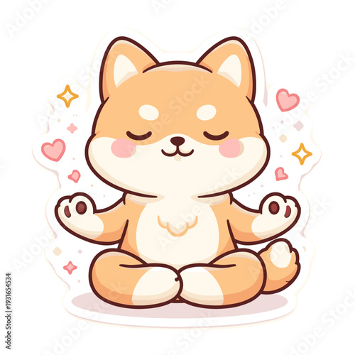 Cute Shiba Inu Meditating in Lotus Pose Cartoon Illustration with Hearts and Sparkles
