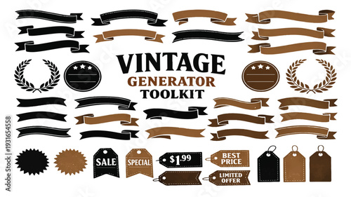 Collection of vintage generator toolkit elements including ribbons, wreaths, tags, and sale banners for design projects