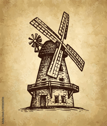 Old windmill. Ink sketch on old paper background. Hand-drawn vintage engraving illustration.