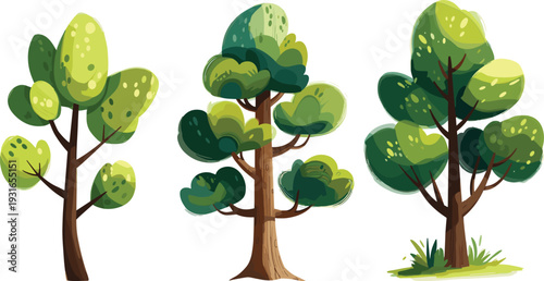 Cartoon illustration of three stylized trees with distinct trunks, branches, and layered green foliage, surrounded by grass, perfect for botanical, educational, decorative, and eco‑friendly design 