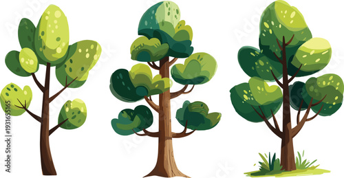 Cartoon illustration of three stylized trees with varied trunks, branches, and lush green foliage, perfect for botanical, educational, decorative, seasonal, and nature‑inspired design projects