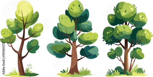 Cartoon illustration of three stylized trees with distinct trunks, branches, and rounded abstract green foliage, surrounded by grass, perfect for botanical, 