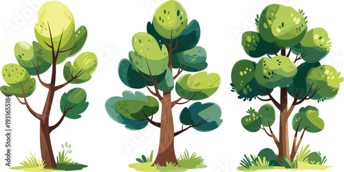 Cartoon illustration of three stylized trees with varied trunks, branches, and lush green foliage, surrounded by grass, perfect for botanical, educational, decorative, and eco‑friendly design projects