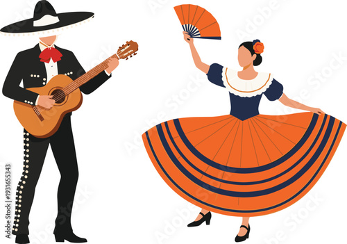 Mexican Cultural Heritage Illustration Set Featuring Mariachi Musician with Guitar and Traditional Folklórico Dancer in Vibrant Orange Skirt for Celebration and Travel Design