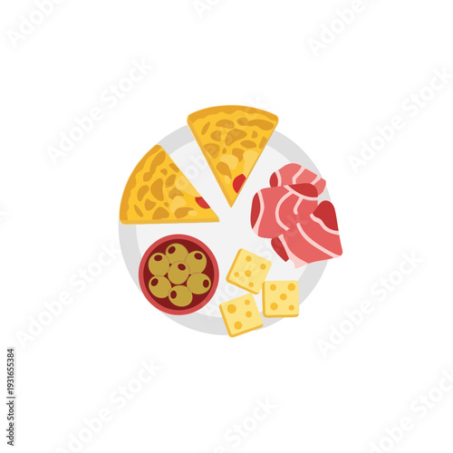 Assorted food items arranged on a plate with pizza, meat, and cheese