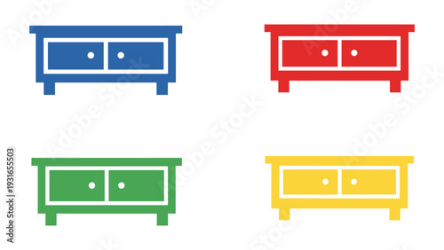 Four colorfully designed wooden sideboards in a minimalist style arrangement