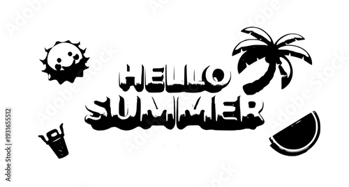 Hello Summer 3D Greeting Banner Vector with Sun Palm Tree Ice Cream and Watermelon