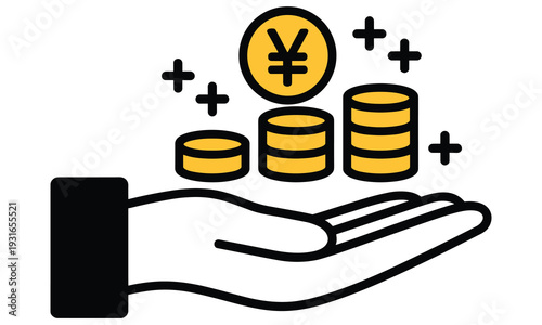 Hand receiving yuan currency and coins symbolizing financial growth and wealth accumulation in a simple graphic illustration.
