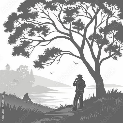 Man enjoying nature by the lake under a large tree.