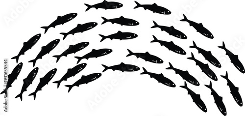 School of fish silhouettes set, underwater marine life swimming group isolated on white background ocean wildlife illustration concept