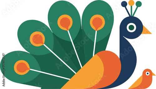 Colorful peacock-inspired rangoli vector artwork featuring ornate feather motifs in minimal smooth line art, scalable decorative illustration