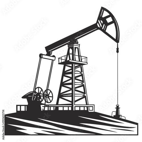 Oil pump jack silhouette on white background industrial oil production equipment energy extraction.