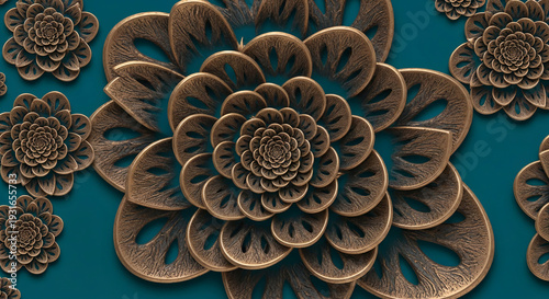 Image of bronze floral arrangement against blue background, creating intricate layered pattern, representing growth, elegance and ornamentation