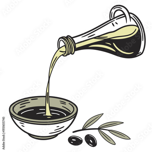Olive oil pouring from bottle into bowl with olives.