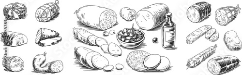 Hand Drawn Meat and Sausage Collection Vintage Engraving Style Butcher Shop Deli Food Illustration Isolated on White Background Vector