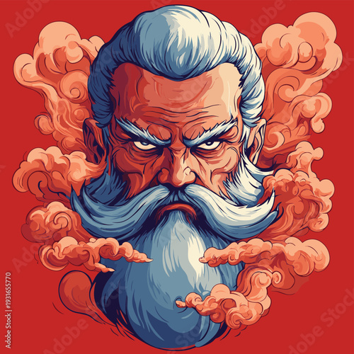 An angry, cartoon deity with a swirling beard and grumpy face. , vector style simple color