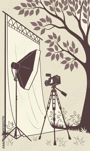 Outdoor Photography Setup with Camera Softbox and Backdrop Under a Tree.