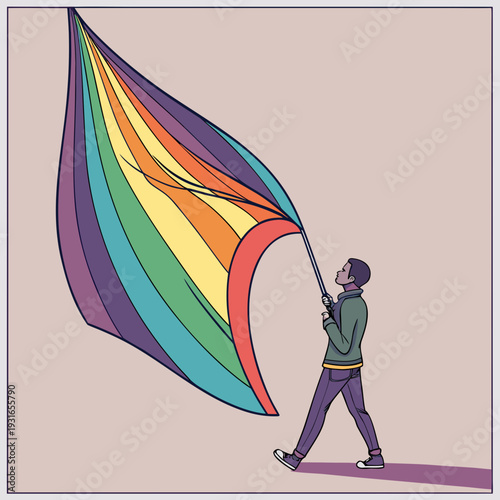Person proudly holding a large rainbow flag.