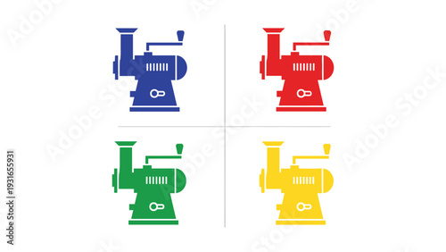 Colorful illustrations of vintage mechanical steam engines in four distinct colors