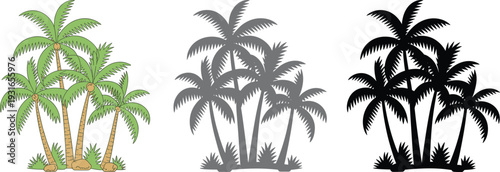 Illustration of three stylized palm tree groups shown in full color, grayscale, and black silhouette styles, perfect for tropical, botanical, decorative, and design 