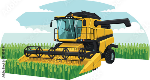 Modern Yellow Combine Harvester Vector Illustration Working in a Green Wheat Field for Agriculture Technology, Industrial Farming, and Food Production Graphic Designs