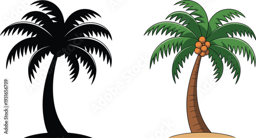 Illustration of two stylized palm trees, one black silhouette with curved trunk and spiky fronds, and one colorful cartoon palm with coconuts, perfect for tropical design projects