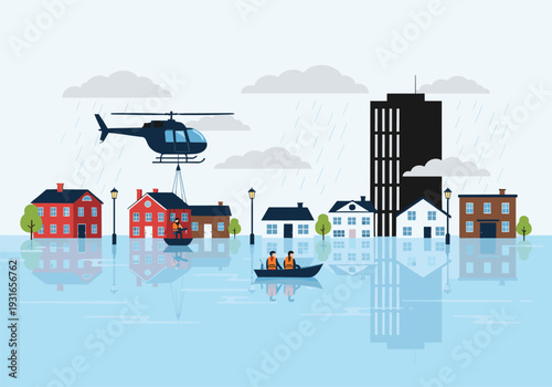 Natural Disaster Vector Illustration Featuring Flooded City Streets, Rescue Helicopter, People in Lifeboats, and Submerged Houses for Emergency Response and Climate Change Projects